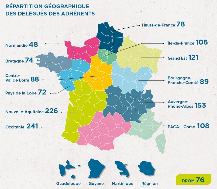 Carte sur la représentation géographique des délégués des adhérents de la MNT
